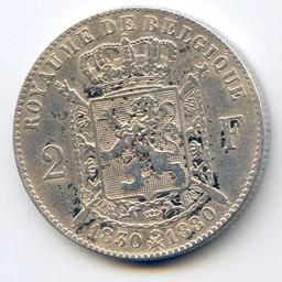 Belgium 1880 silver 2 francs cleaned XF SCARCE