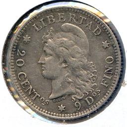 Argentina 1883 silver 20 centavos XF