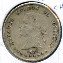 Colombia 1881 silver 50 centavos VF