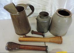 Collectables lot. 1 gallon pitcher, wooden candlesticks, crock with chips and more.