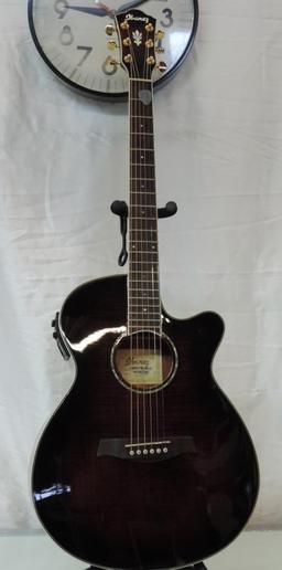 Ibanez AEG20II-TRS-3R-01 acoustic / electric guitar with cord and stand.