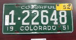 One 1951 Colorado License Plate.