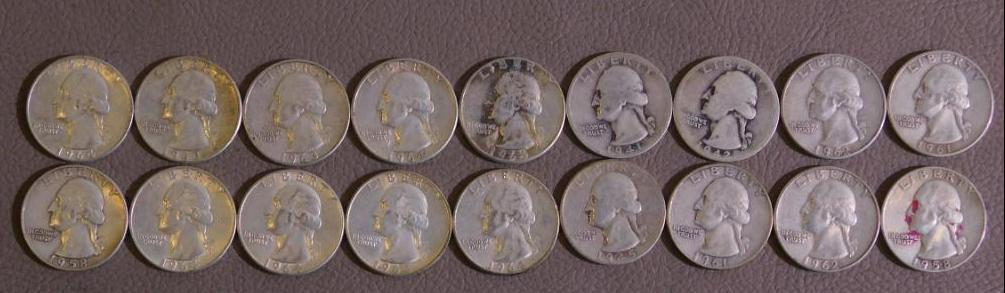 Twenty Pre 1965 Washington quarters