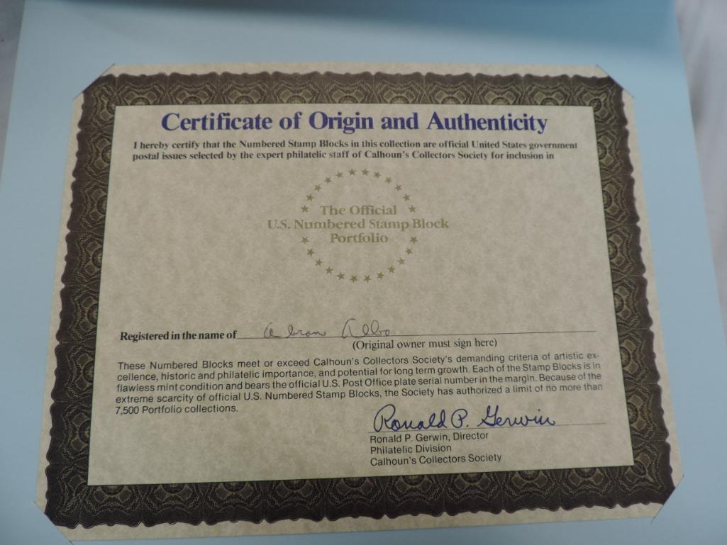 The official U.S. Numbered stamp block portfolio.