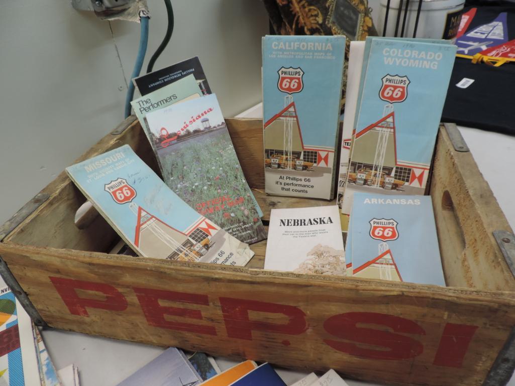 Over 120 vintage gas station road maps with Pepsi crate.