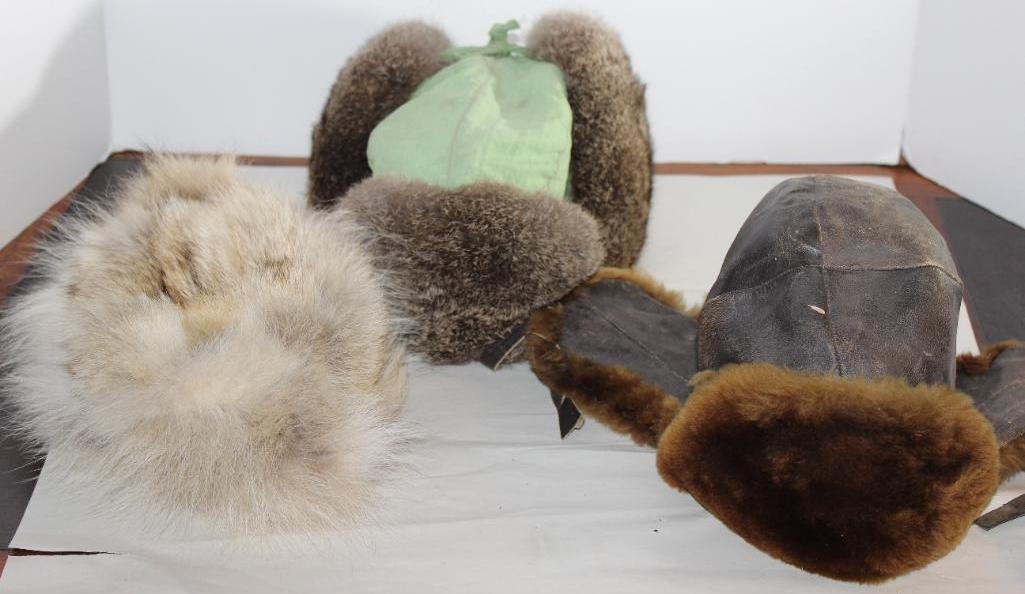 Three Older Fur and Leather Hats