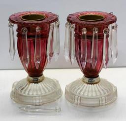 Pair of Ornate Red Glass Candle Holders with Chandelier Drops