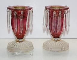 Pair of Ornate Red Glass Candle Holders with Chandelier Drops