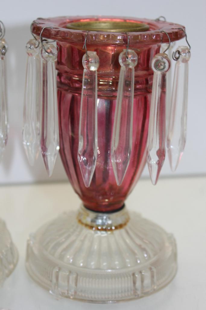 Pair of Ornate Red Glass Candle Holders with Chandelier Drops