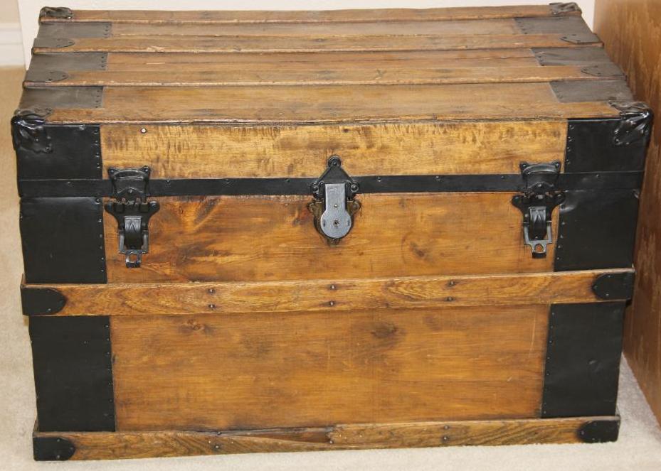 Beautiful Older Wood Trunk with Metal Supports and Accents, Full of Frames