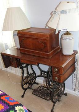 Antique Sewing Machine Table and 2 Lamps