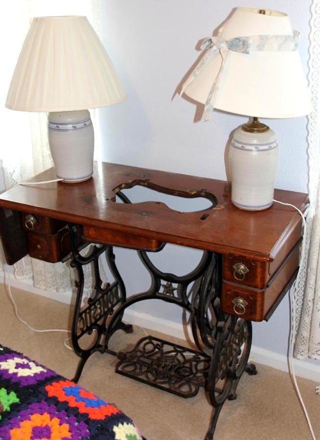 Antique Sewing Machine Table and 2 Lamps