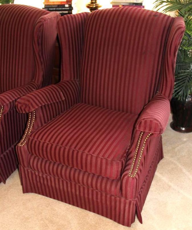 Pair of Upholstered Wing-Back Chairs and Artificial Plants