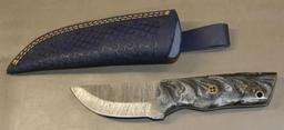 Custom Damascus Pattern Hunting Knife in Sheath