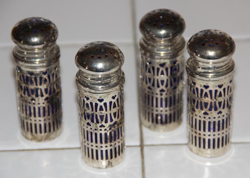 Set of 4 Blue Glass and Silver-Colored Salt and Pepper Shakers