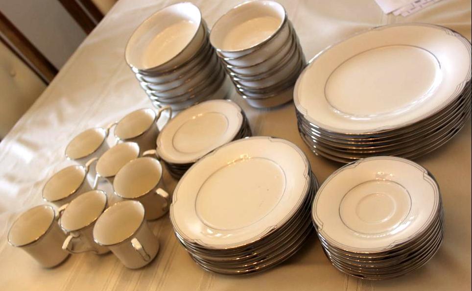 Classic White and Silver Noritake China Set 56 Pieces