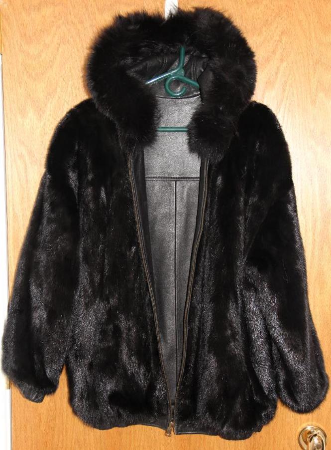 Black Mink and Leather Reversible Hooded Coat