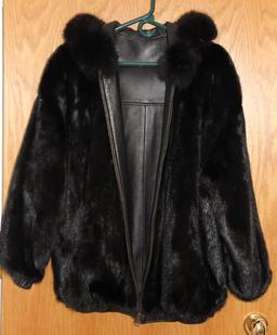 Black Mink and Leather Reversible Hooded Coat