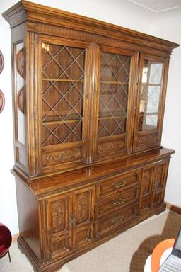 Dark Wood Hutch with Glass-Fronted Door Top Cabinet