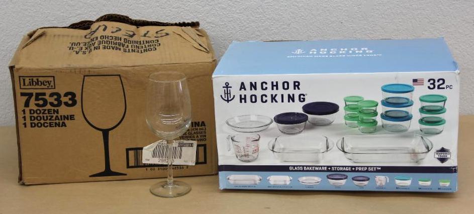 Anchor Hocking 32-Piece Glass Bakeware and Storage Set and 12 Stemmed Glasses