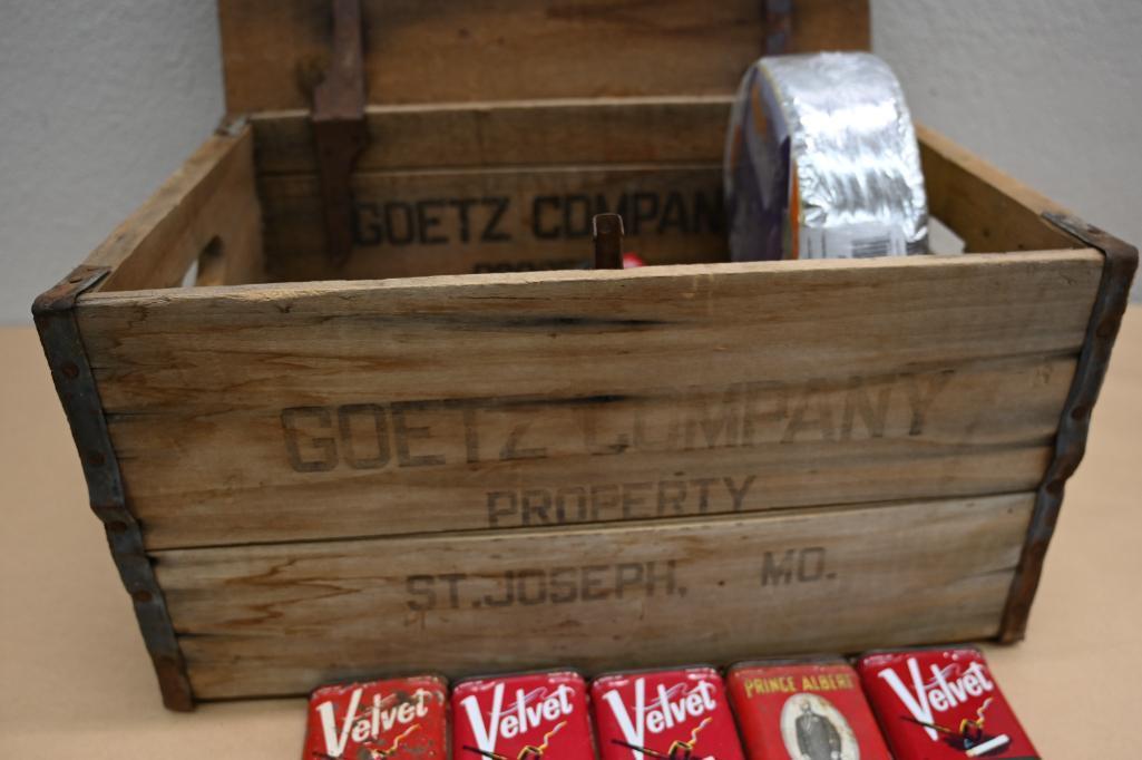 Goetz Company Antique Wood Box with 14 Velvet Tobacco Cans