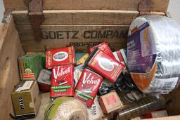 Goetz Company Antique Wood Box with 14 Velvet Tobacco Cans