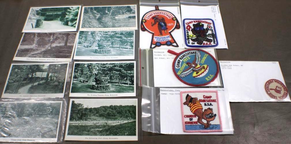 Collection of Patches and Postcards for Camp Kanesatoke Wolverine Council