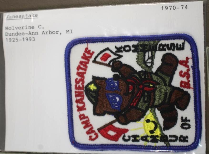 Collection of Patches and Postcards for Camp Kanesatoke Wolverine Council