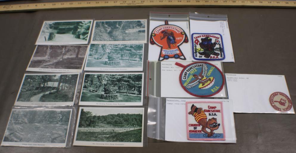 Collection of Patches and Postcards for Camp Kanesatoke Wolverine Council