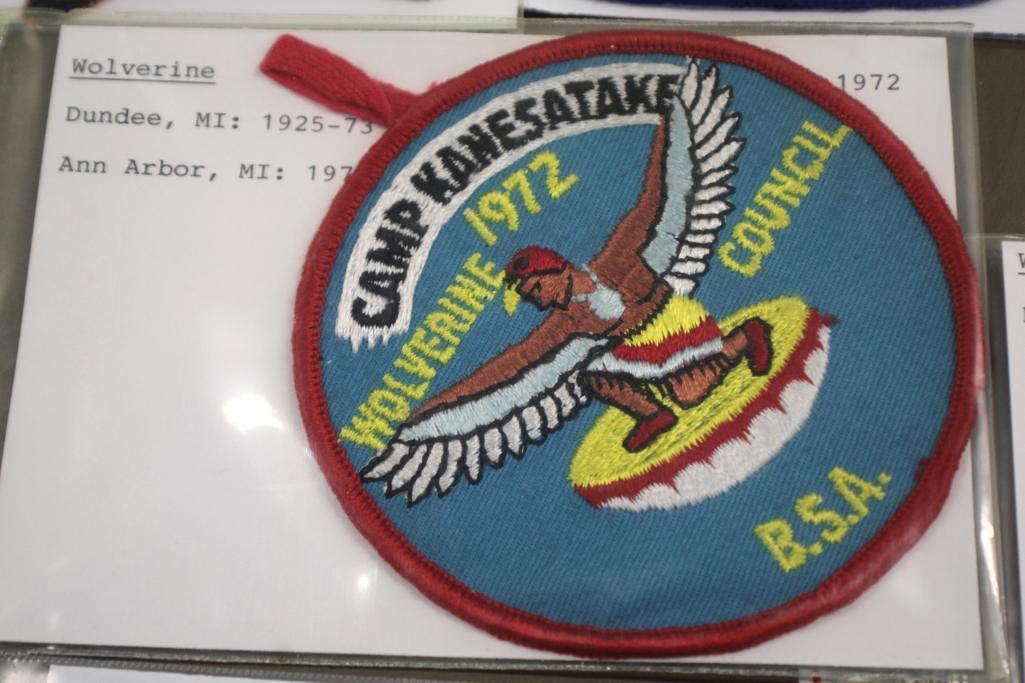 Collection of Patches and Postcards for Camp Kanesatoke Wolverine Council