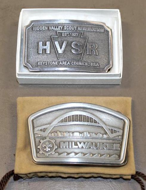 Two BSA Silver-Colored Belt Buckles, Milwaukee and Hidden Valley