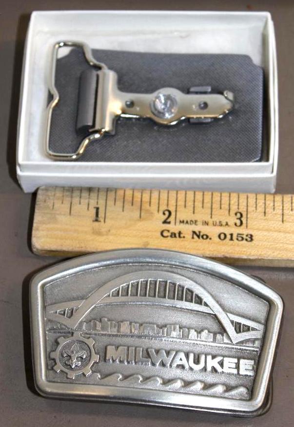 Two BSA Silver-Colored Belt Buckles, Milwaukee and Hidden Valley