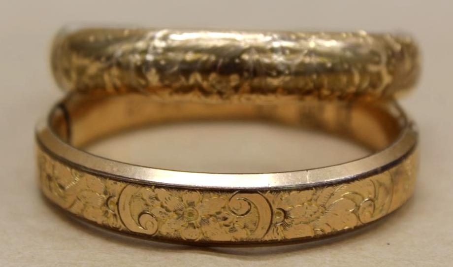 Two Antique Gold-Colored Etched Design Cuff Bracelets