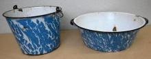 Two Antique Blue Graniteware Pails