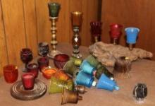 Huge Collection of Colorful Textured Glass Candle Shades and Some Candlesticks