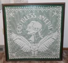 Excellent Antique Hand-Made Framed Crocheted George Washington Textile