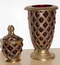 Beautiful Baroque Ruby Glass and Brass Set