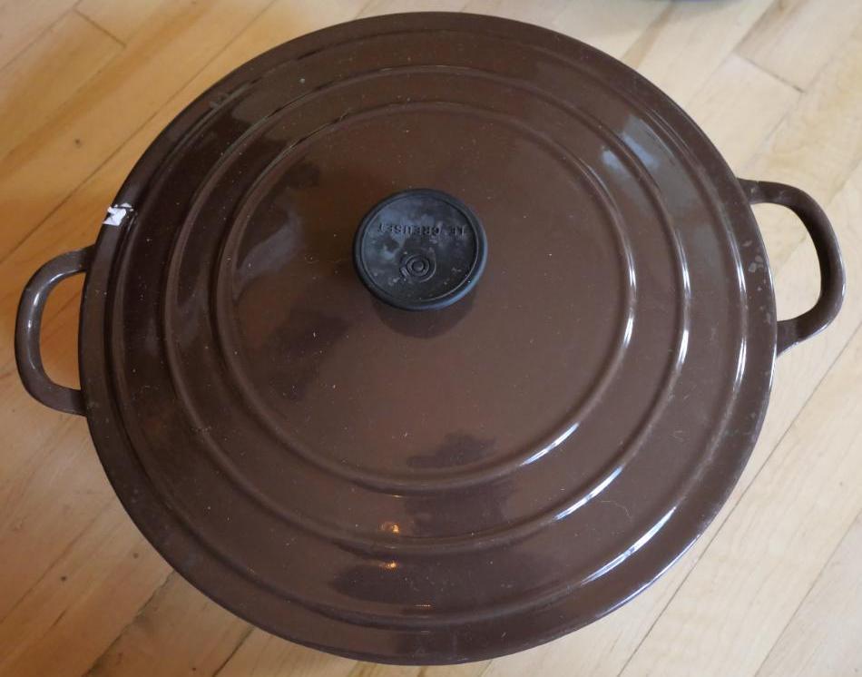 Brown Le Creuset Cast Iron Pan with Lid