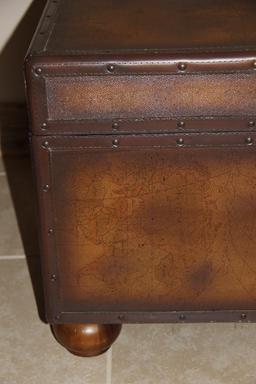 Large Brown Trunk with Blankets and Partial Sheepskin