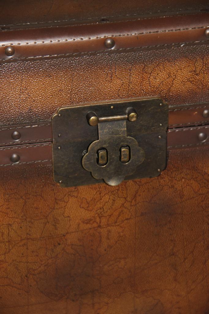 Large Brown Trunk with Blankets and Partial Sheepskin