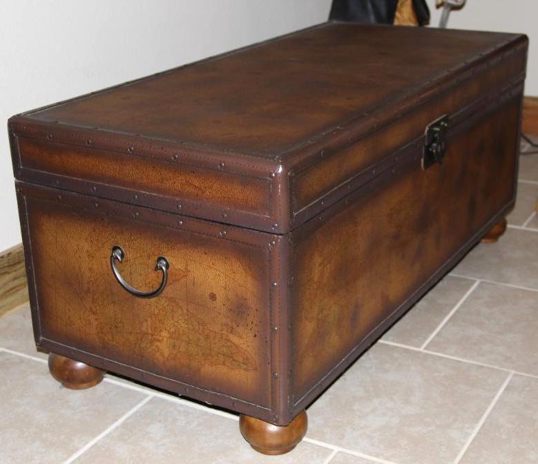 Large Brown Trunk with Blankets and Partial Sheepskin