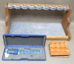 Handgun Rack, Gator skin Wallet and Micrometer