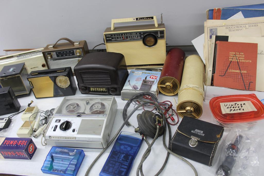 Mixed Portable Transistor Radios with Repair Parts and Tools