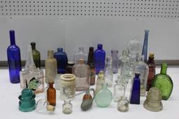 Mixed Clear and Colorful Glass Bottles, Insulators, and More