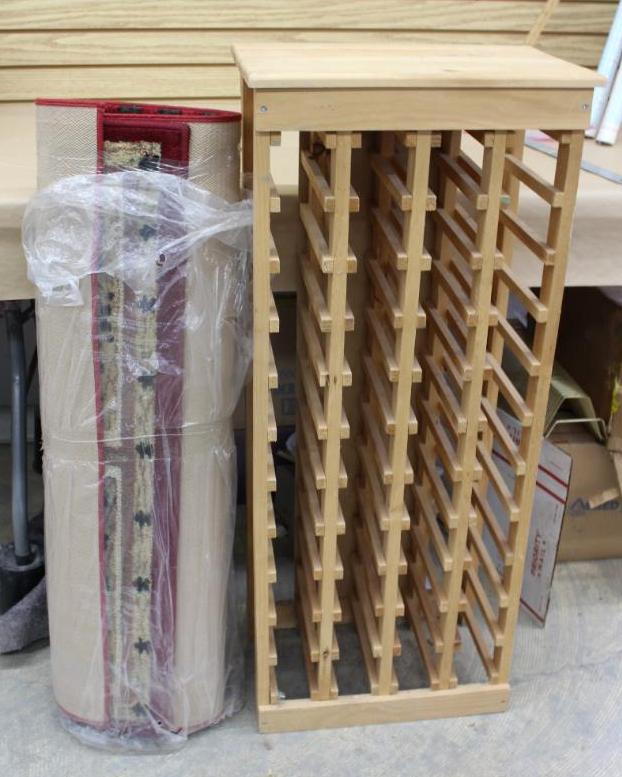 Wood Wine Rack and Two Medium Area Rugs
