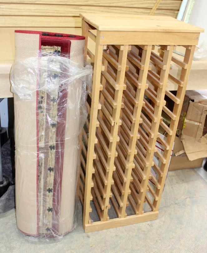 Wood Wine Rack and Two Medium Area Rugs