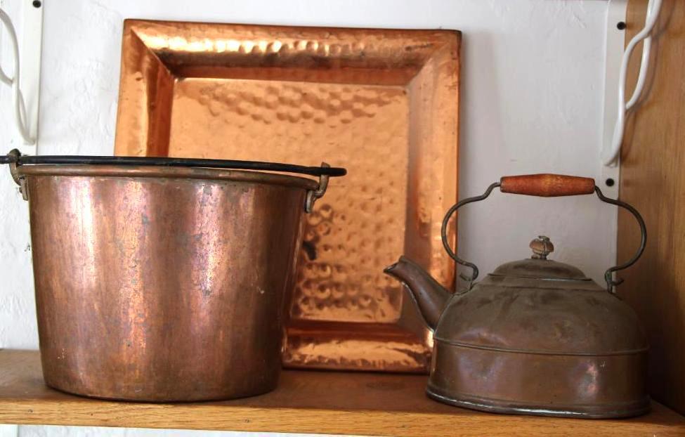 Hammered Copper Bucket, Revere Kettle, and Square Plate