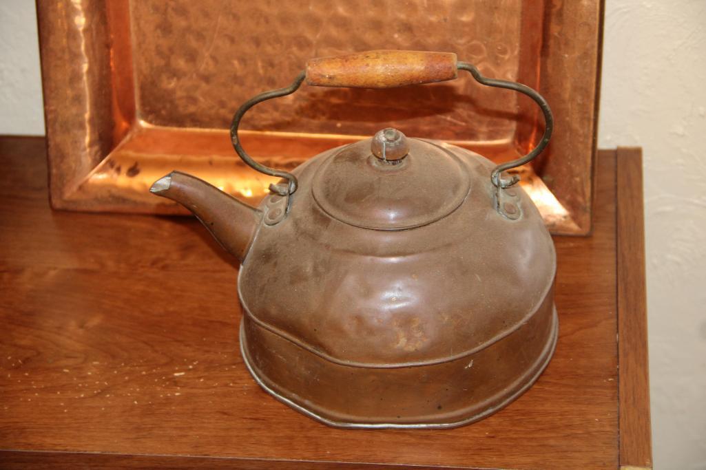 Hammered Copper Bucket, Revere Kettle, and Square Plate