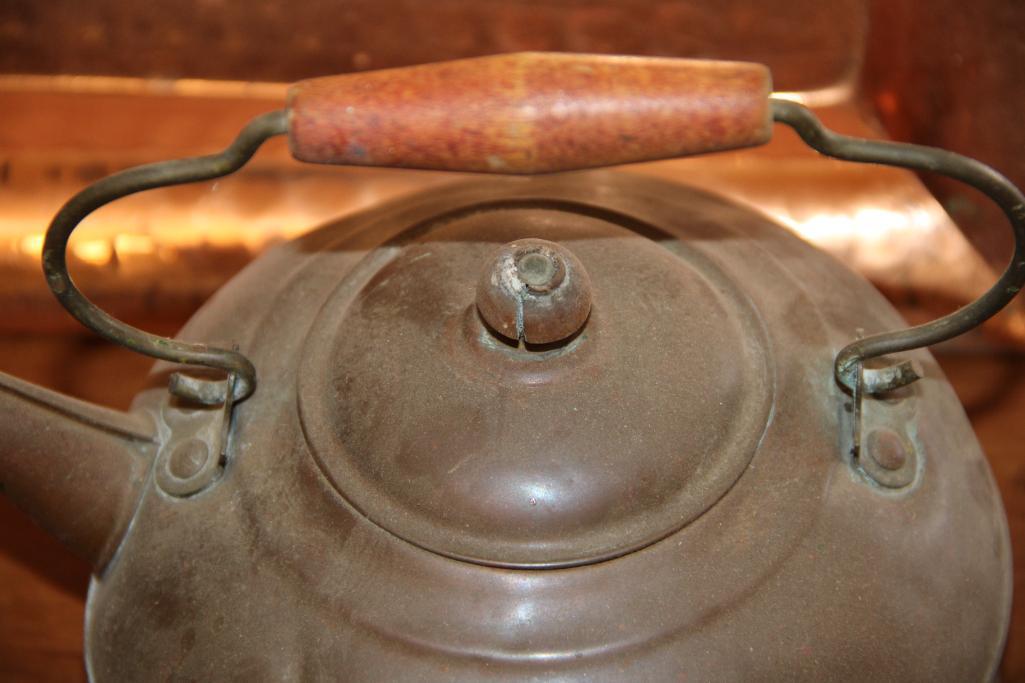 Hammered Copper Bucket, Revere Kettle, and Square Plate