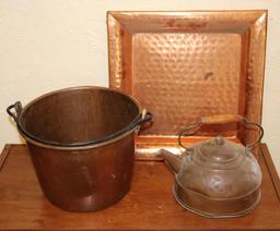 Hammered Copper Bucket, Revere Kettle, and Square Plate